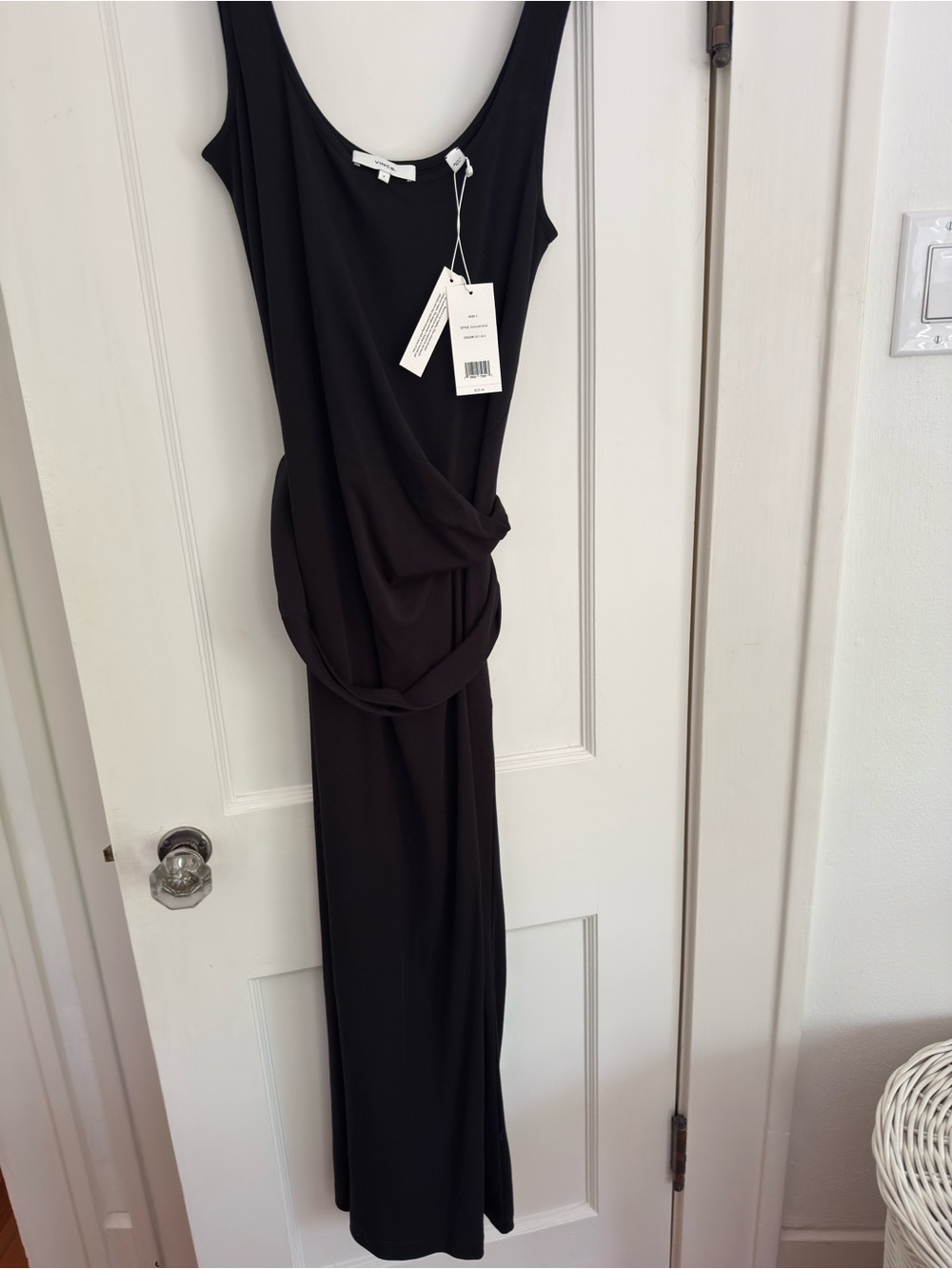 Vince Black Sleeveless Draped-Waist Maxi Dress in Pima Cotton